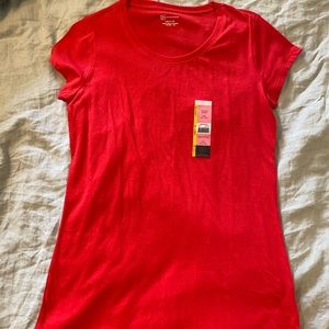 Red scoop neck shirt